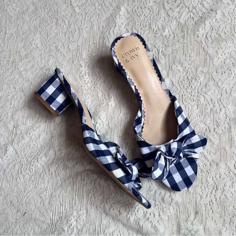 Crown & Ivy gingham peep toe bow heel